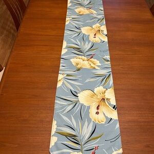 Hawaiian Hibiscus Floral Table Runner in Blue/Gray and Yellow